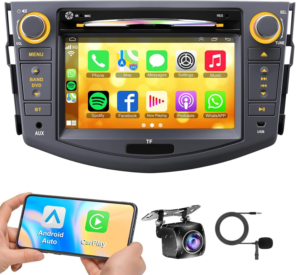 Car Radio for Toyota RAV4 2007 2008 2009 2010 2011 2012, 7-inch Touch Screen Stereo Support CD/DVD,CarPlay&Android Auto, Bluetooth5.2&Voice Control, Backup Camera& SWC,AM/FM Car Radio Receiver