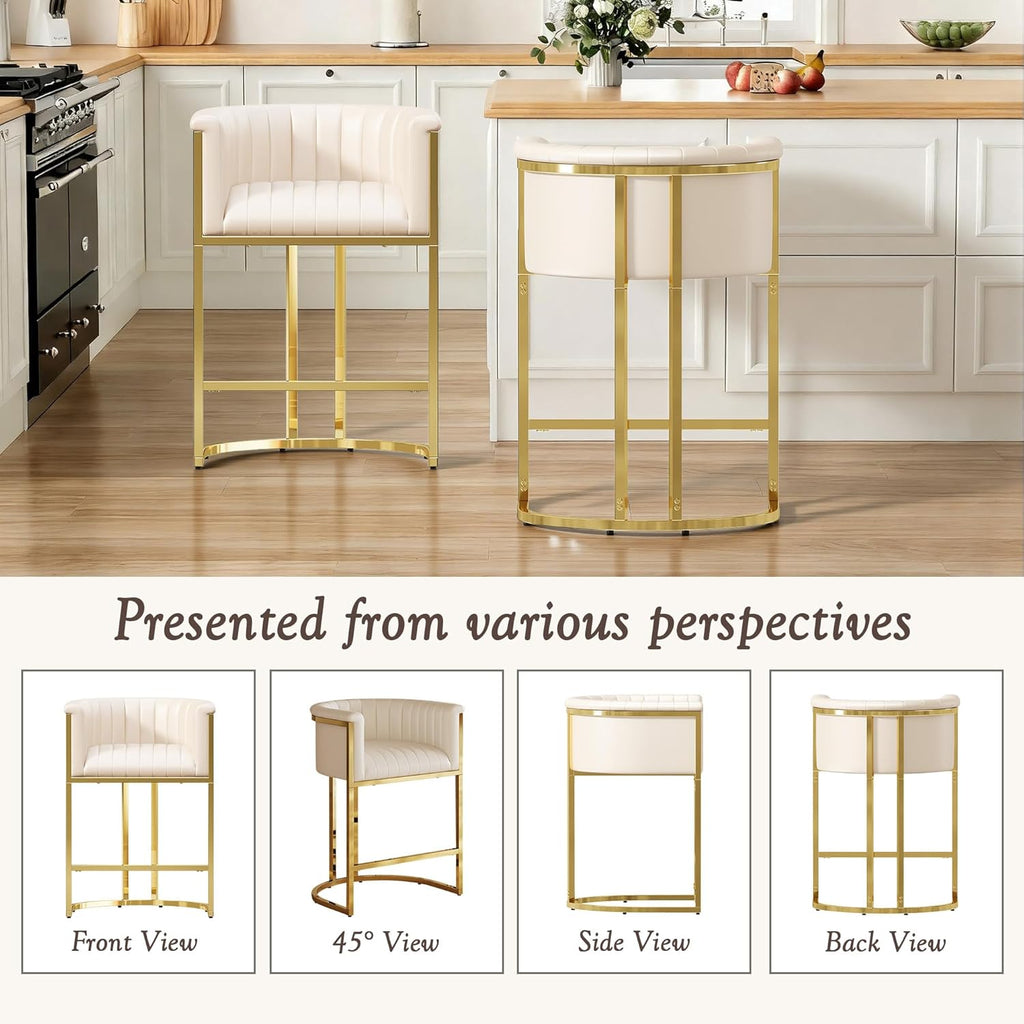 26" H Counter Height Bar Stools Set of 3, Modern Barrel Counter Stools with Backrest and Arms, Faux Leather Upholstered Accent Barstools for Kitchen Island, Gold Metal Frame/Ivory White
