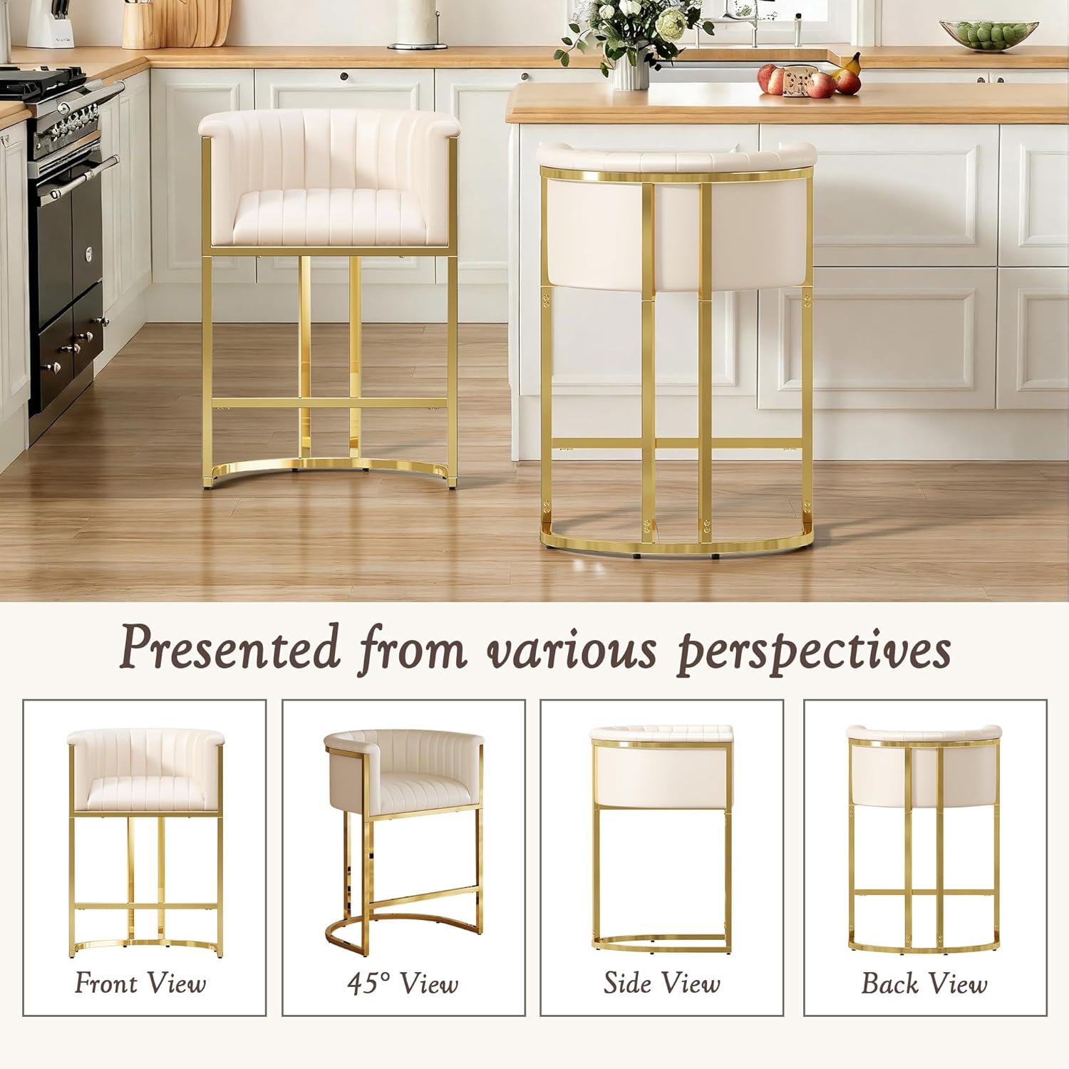 26" H Counter Height Bar Stools Set of 3, Modern Barrel Counter Stools with Backrest and Arms, Faux Leather Upholstered Accent Barstools for Kitchen Island, Gold Metal Frame/Ivory White