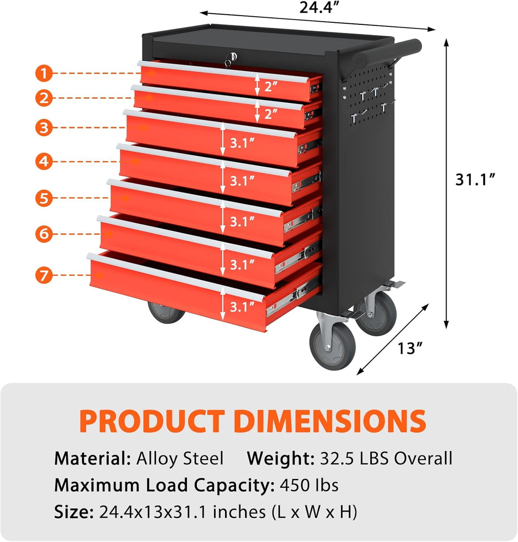 7-Drawer High Capacity Rolling Tool Box, Removable Cabinet Storage Tool Chest with Wheels and Drawers, Detachable Toolbox with Lock for Mechanics Garage Workshop and Tool Room (Black&red)