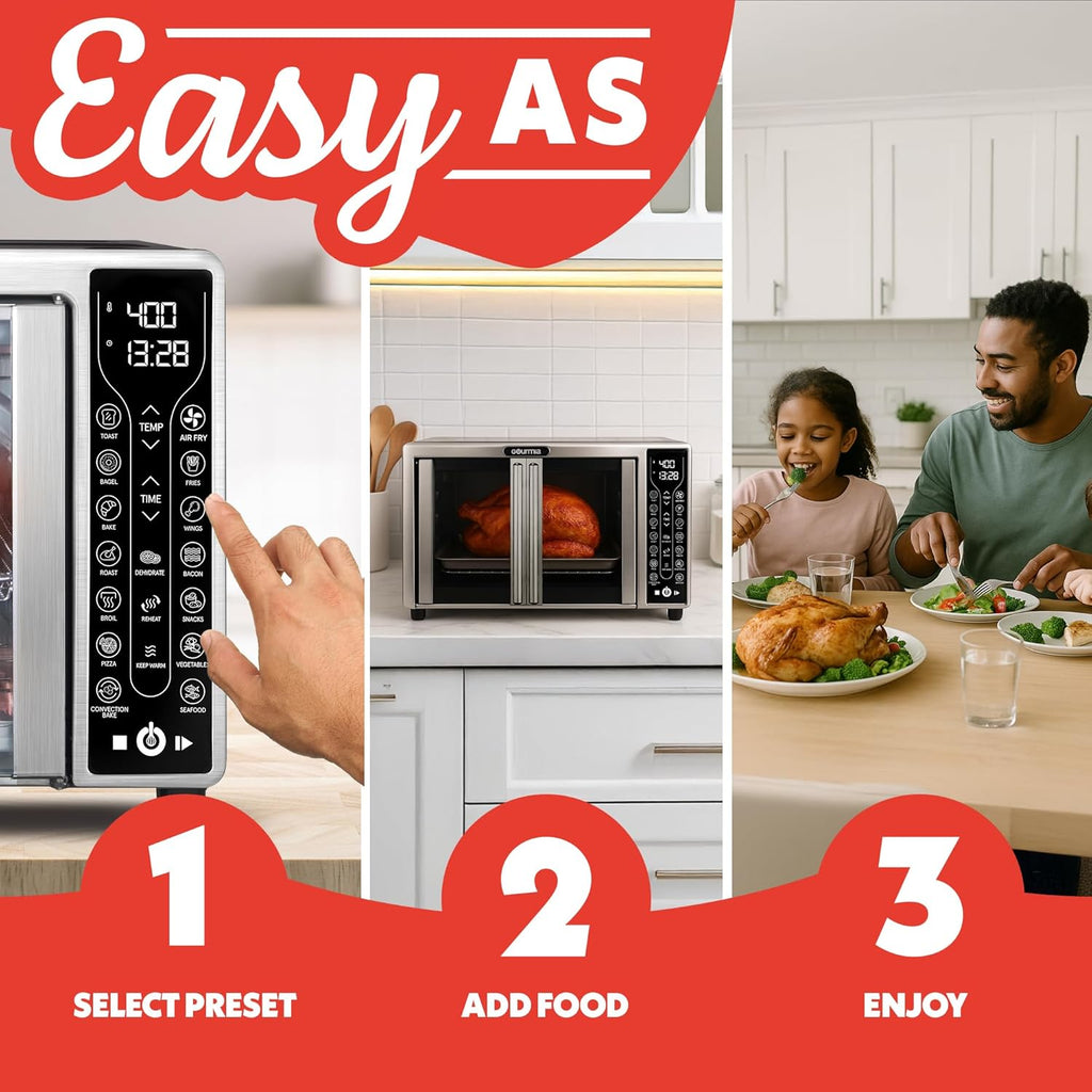 Gourmia French Door Air Fryer Toaster Oven – 6-Slice Capacity, FryForce 360°, Digital Display with 17 Cooking Presets, Stainless Steel