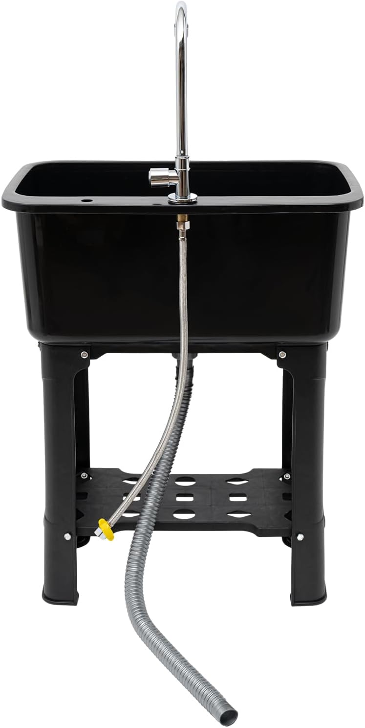 Utility Sink with Faucet for Laundry Room and Garage, Plastic Bathroom Laundry Sink Freestanding Laundry Tub Outdoor Sink Ideal for Workshop, Bathroom, Kitchen, 24" W x 16" D x 30" H (Black)