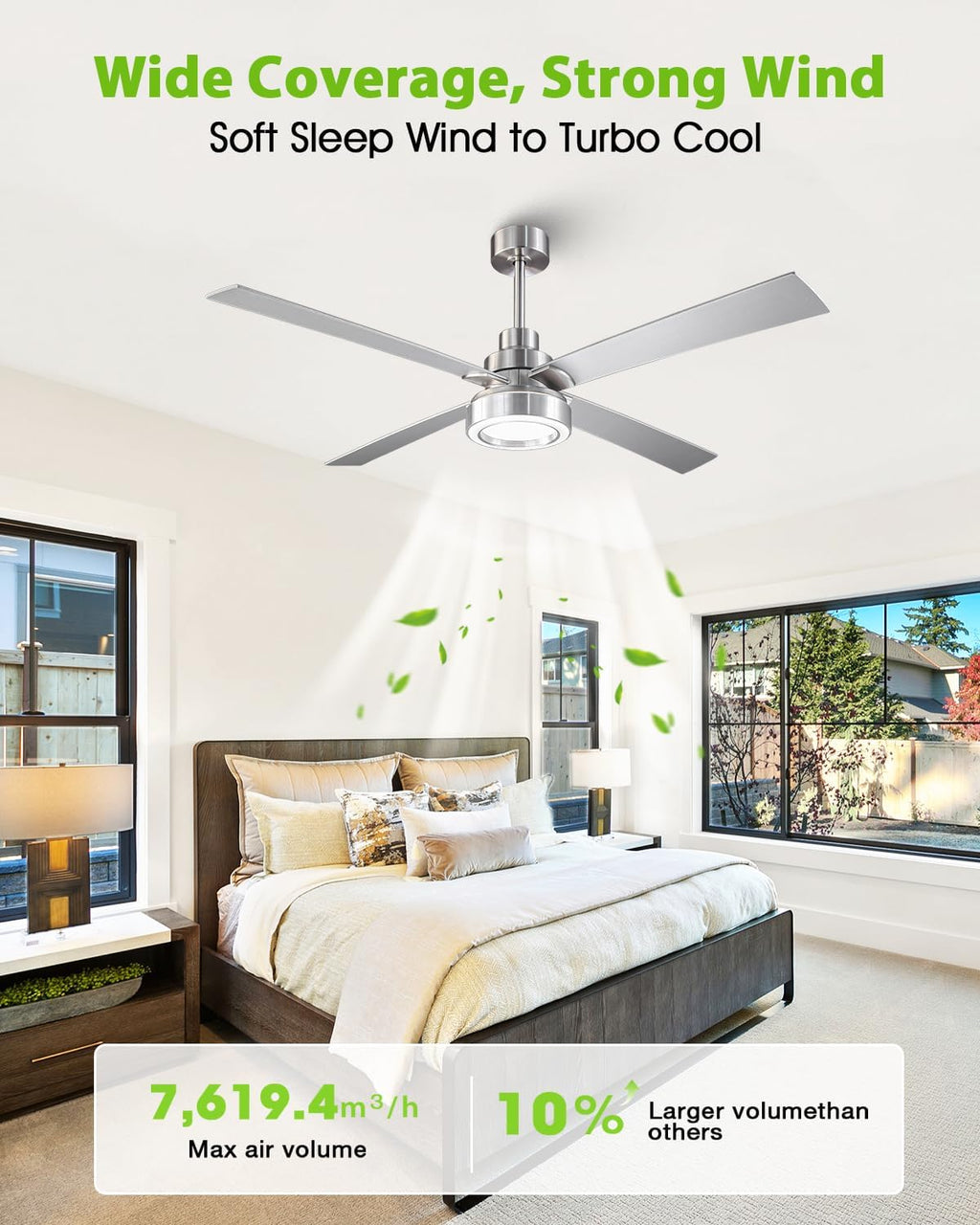 60 Inch Large Ceiling Fans with Lights and Remote/APP, Modern Brushed Nickel Ceiling Fan, 3CCT Dimmable, 6-Speeds Reversible, Quiet High Airflow Fan with Long Downrods for Living Room, Shop