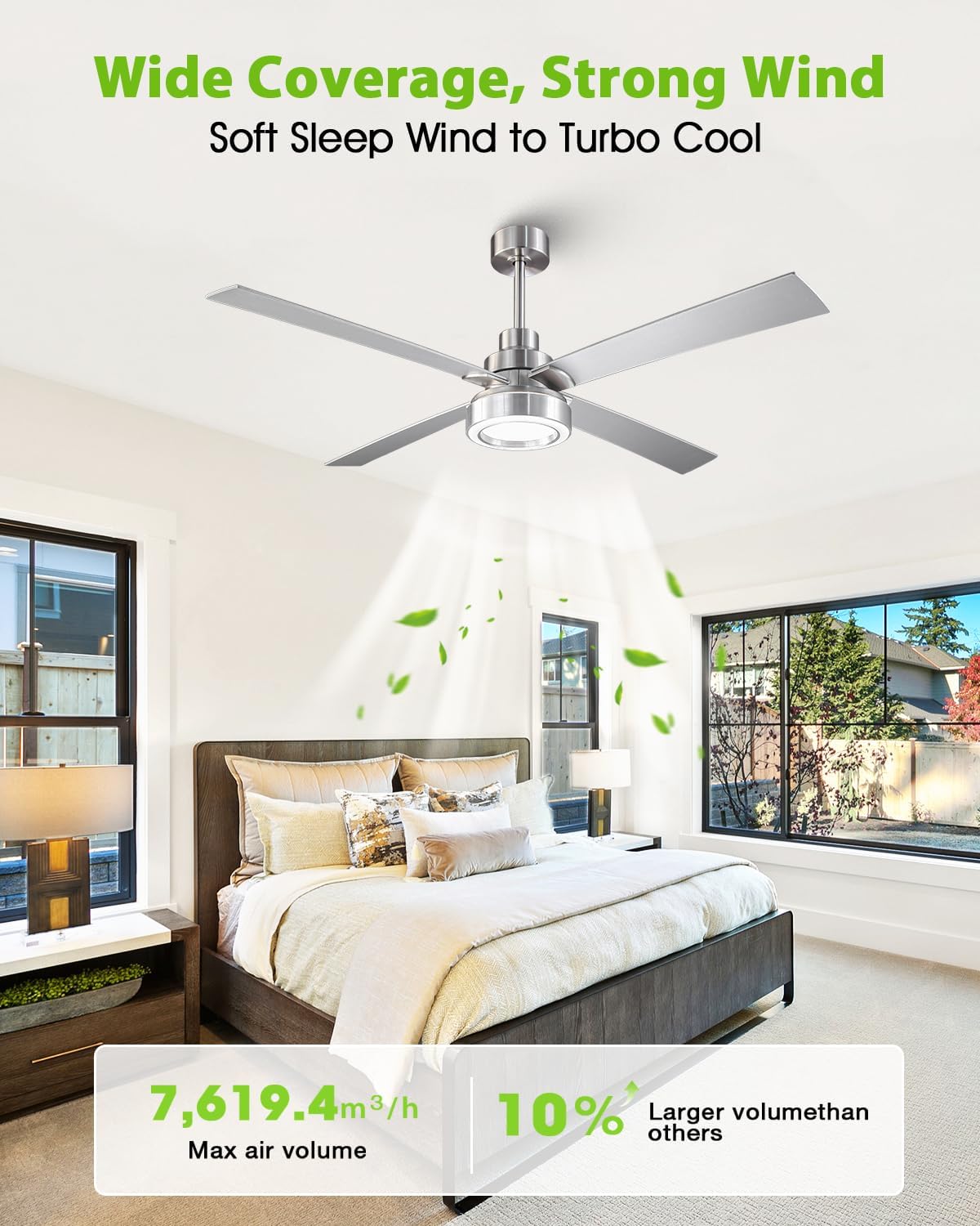 60 Inch Large Ceiling Fans with Lights and Remote/APP, Modern Brushed Nickel Ceiling Fan, 3CCT Dimmable, 6-Speeds Reversible, Quiet High Airflow Fan with Long Downrods for Living Room, Shop