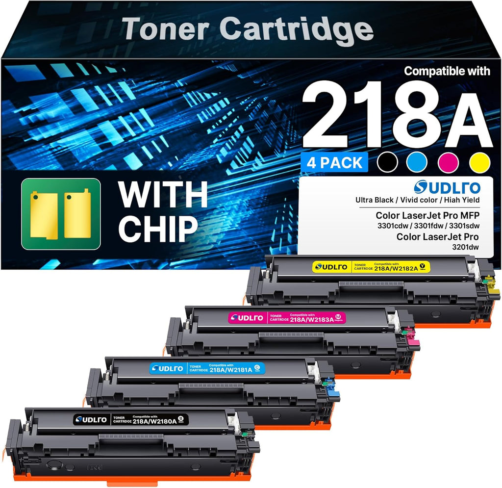Compatible HP 218A Toner Cartridges 4 Pack 3301fdw 3301 218 Toner Work for HP 218A 218X Color LaserJet Pro MFP 3301cdw 3201dw 3301sdw Printer Ink | for HP218A W2180A W2180X 218A Toner with Chip