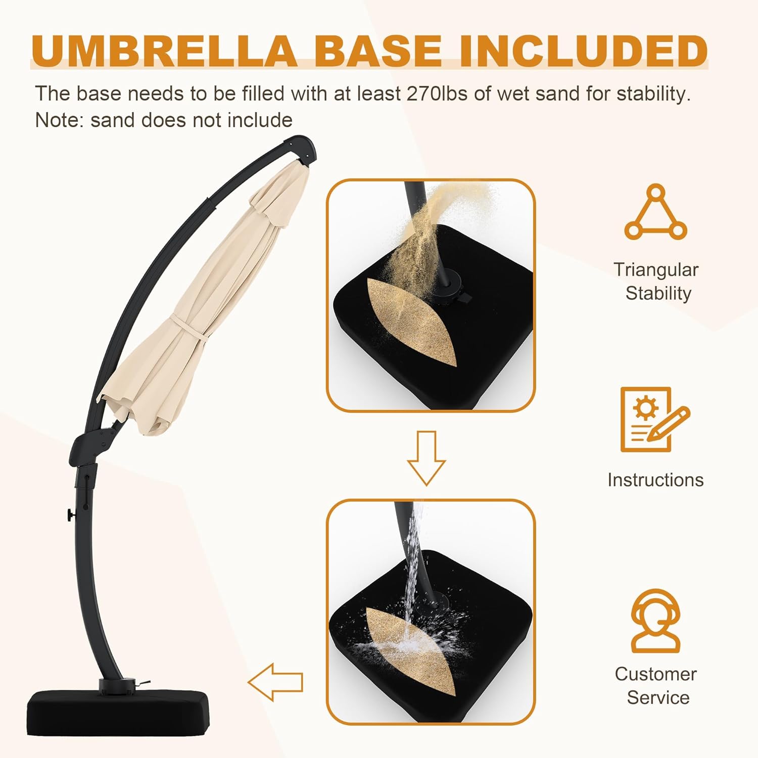 Garvee Outdoor Patio Umbrella with Base Included, 11FT Large Sun Shade Cantilever Umbrella with 360° Rotation, Aluminium Curved Cantilever Umbrella Heavy Duty for Patio Garden Backyard