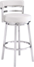 Armen Living Madrid 26" Counter Height Swivel Modern White Faux Leather and Brushed Stainless Steel Bar Stool
