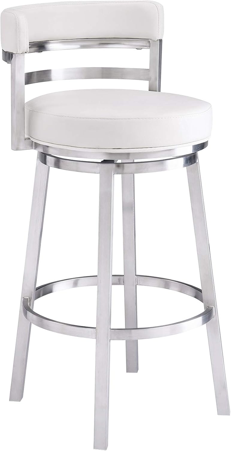 Armen Living Madrid 26" Counter Height Swivel Modern White Faux Leather and Brushed Stainless Steel Bar Stool