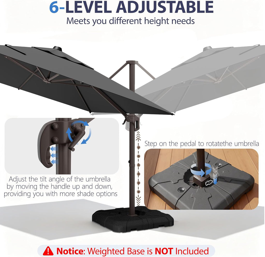 10' X 10' Patio Umbrella Cantilever Outdoor Rectangle Umbrella with Base Included, Heavy Duty 360°Rotation Offset Umbrella for Garden Deck Pool Patio, Grey