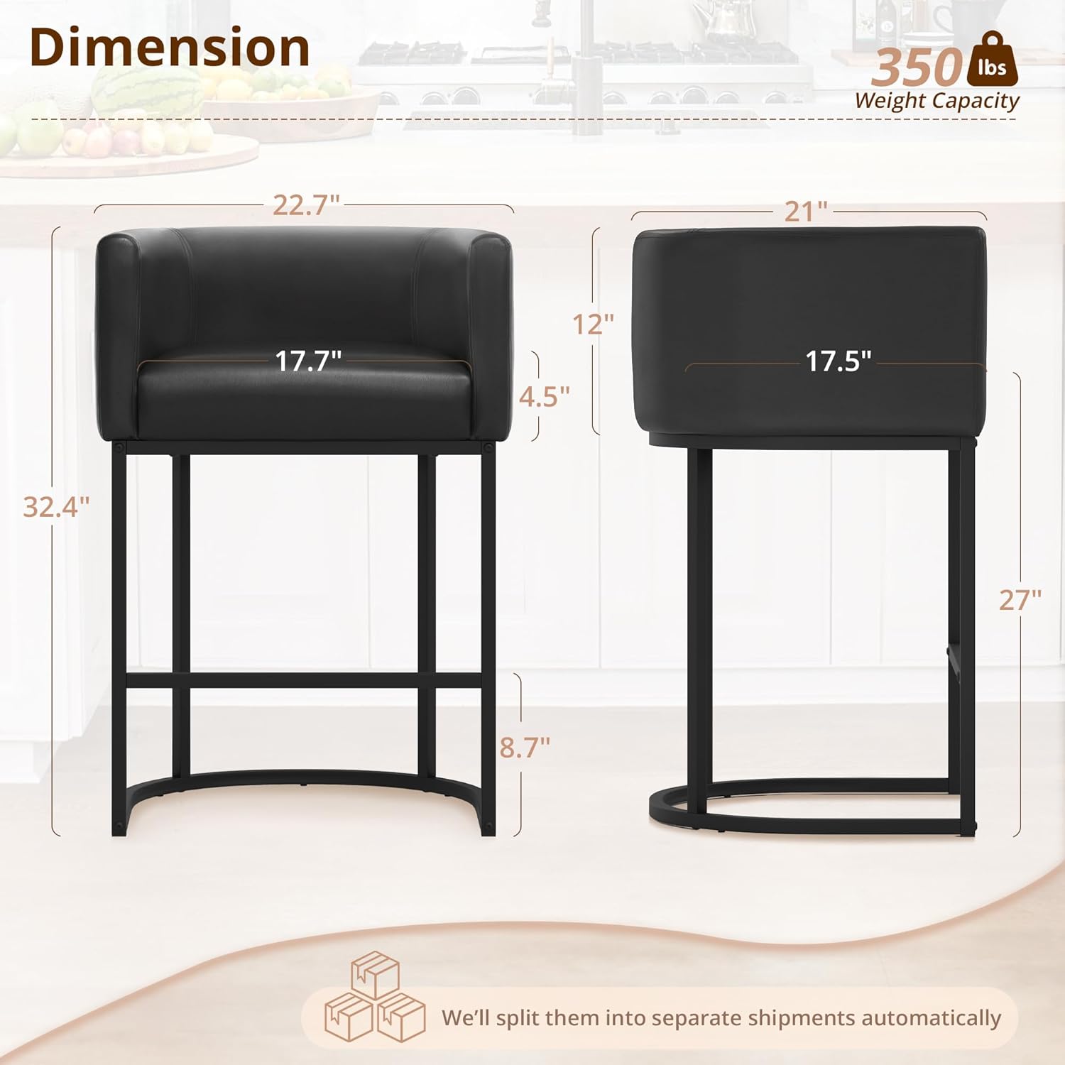 LUE BONA 27" H Counter Height Bar Stools Set of 3, Modern Barrel Counter Stools with Backrest and Arms, Black Metal Frames,Faux Leather Upholstered Accent Barstools for Kitchen Island,Black