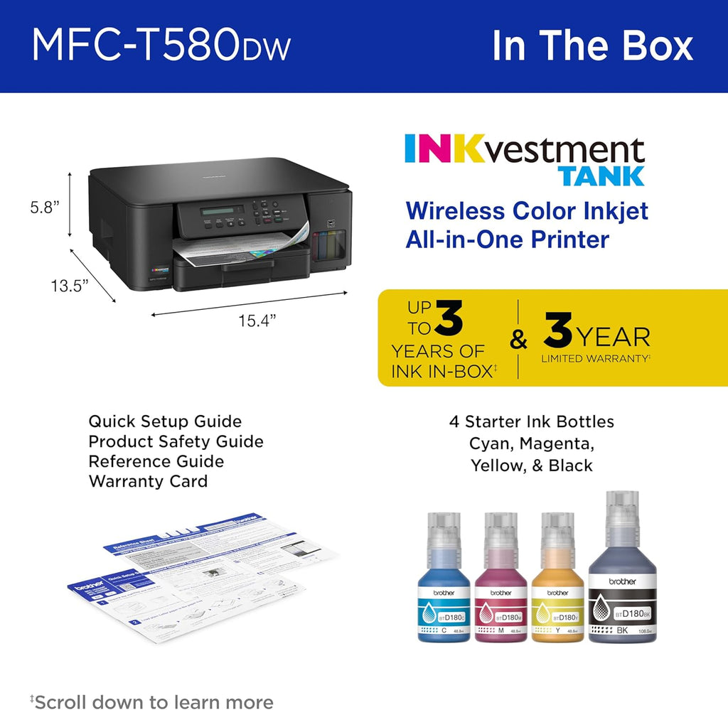 Brother INKvestment Tank 580 Wireless Color Inkjet All-in-One Printer | Includes up to 3 Years of Ink in-Box(1) and 3-Year Limited Warranty(2) (MFC-T580DW)