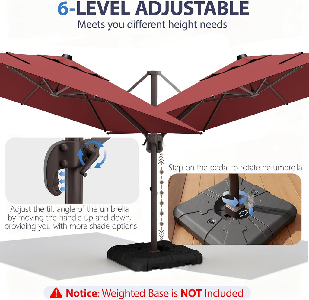 10' X 10' Patio Umbrella Cantilever Outdoor Rectangle Umbrella with Base Included, Heavy Duty 360°Rotation Offset Umbrella for Garden Deck Pool Patio, Red