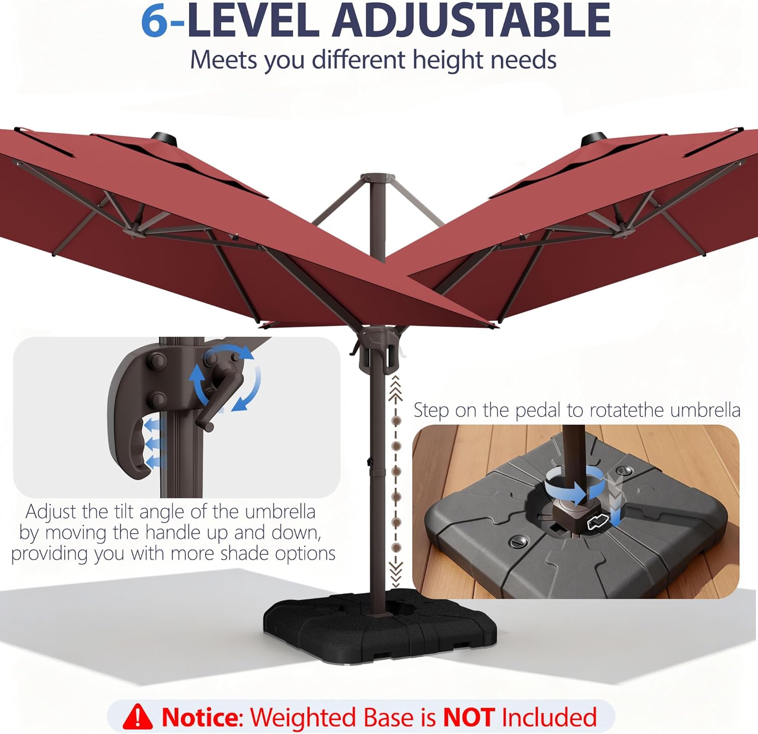 10' X 10' Patio Umbrella Cantilever Outdoor Rectangle Umbrella with Base Included, Heavy Duty 360°Rotation Offset Umbrella for Garden Deck Pool Patio, Red