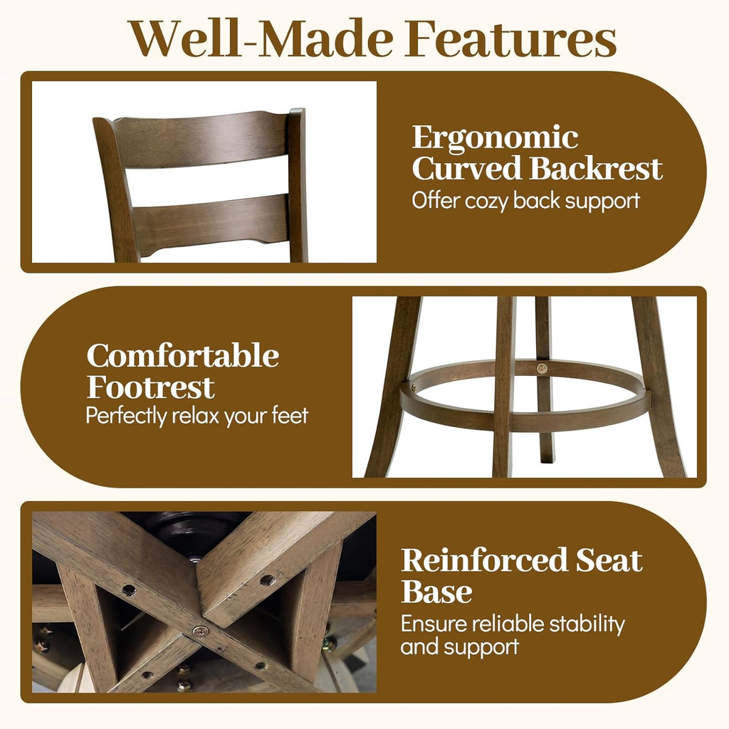 COSTWAY 30.5” Swivel Barstools Set of 2, 360° Rotating Bar Height Chairs with Backrest & Upholstered Seat, Rubber Wood High Top Seats with Footrest for Kitchen Island (2,30.5")