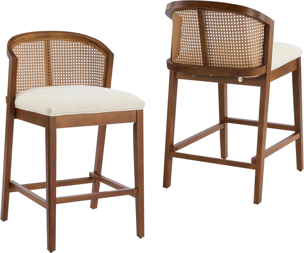Christopher Knight Home JENA Rattan Counter Stools Set of 2, Counter Height Bar Stools for Bar Table, Rubberwood Frame with Upholstered Barstools, Wood Accent Chair with Footrest, Beige + Walnut