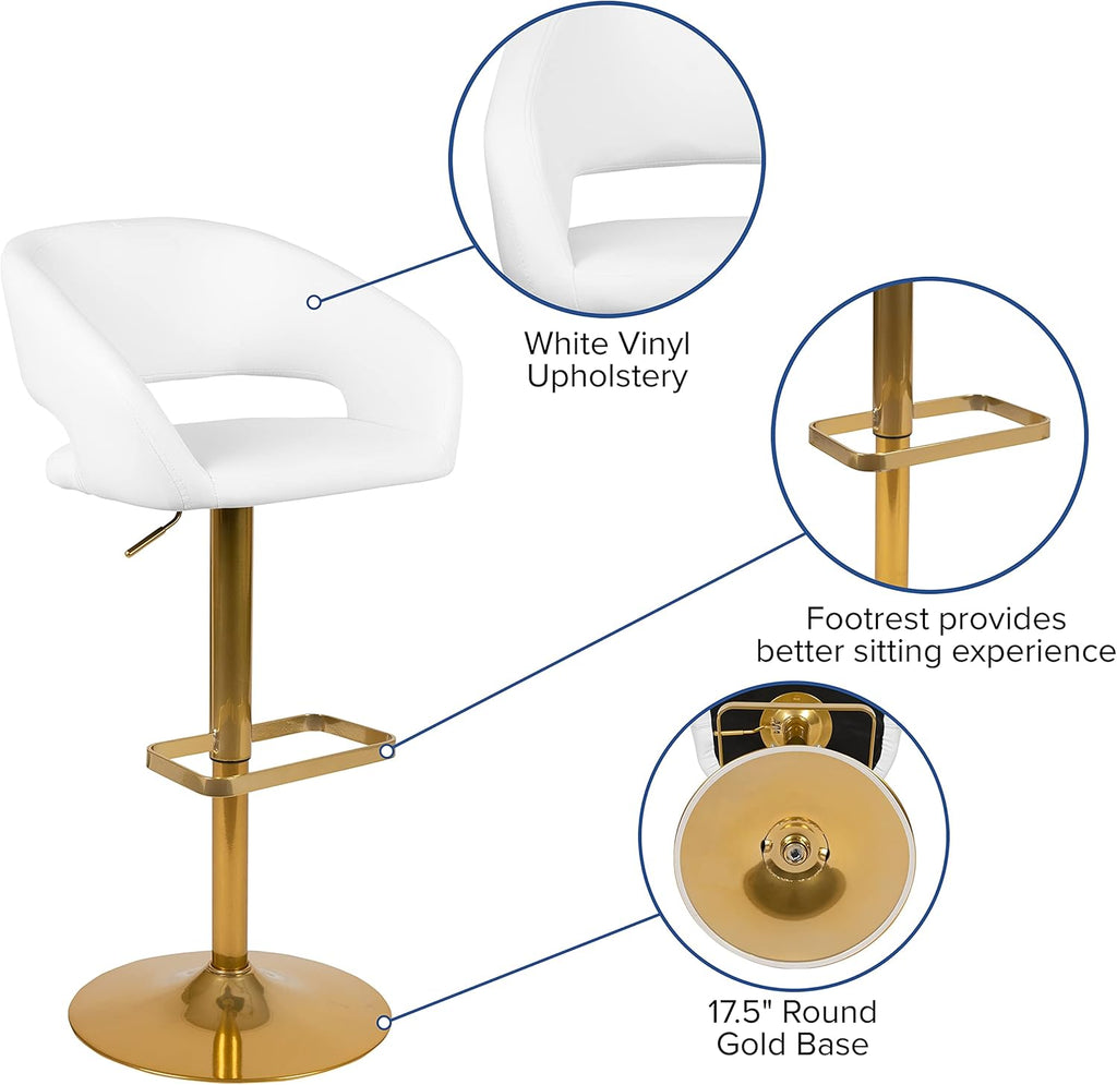 Flash Furniture Erik Contemporary Adjustable Height Barstool with Footrest and Rounded Mid-Back, Upholstered Bar or Counter Height Stool, White/Gold
