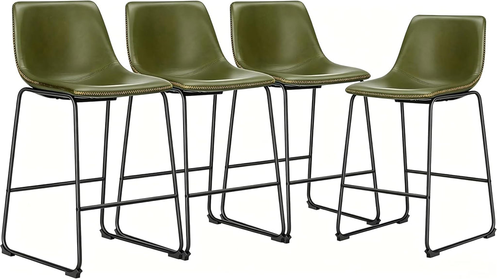 DUMOS Bar Stools Set of 4, 26 Inch Counter Height Faux Leather Barstools with Back, Modern Metal Leg Bar Chairs for Kitchen Island, Dining Pub Table, Home Bar, Green
