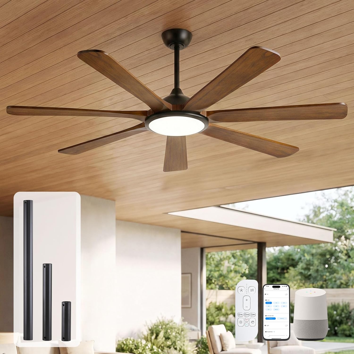 60 inch Smart Wood Ceiling Fan with Light, Remote/Alexa/App Control, Farmhouse Rustic Style, 7 Solid Walnut Blades, Indoor Outdoor High CFM Quiet DC Motor, Damp Rated for Covered Patio, Living Room